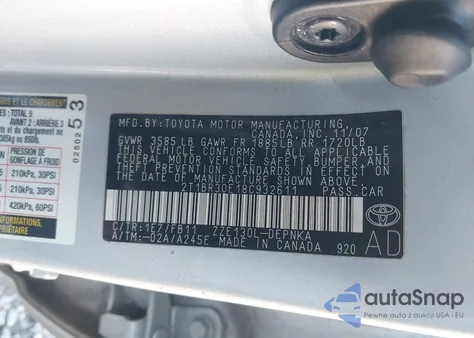 2008 Toyota Corolla Le z USA, uszkodzony, nr VIN 2T1BR30E18C932611